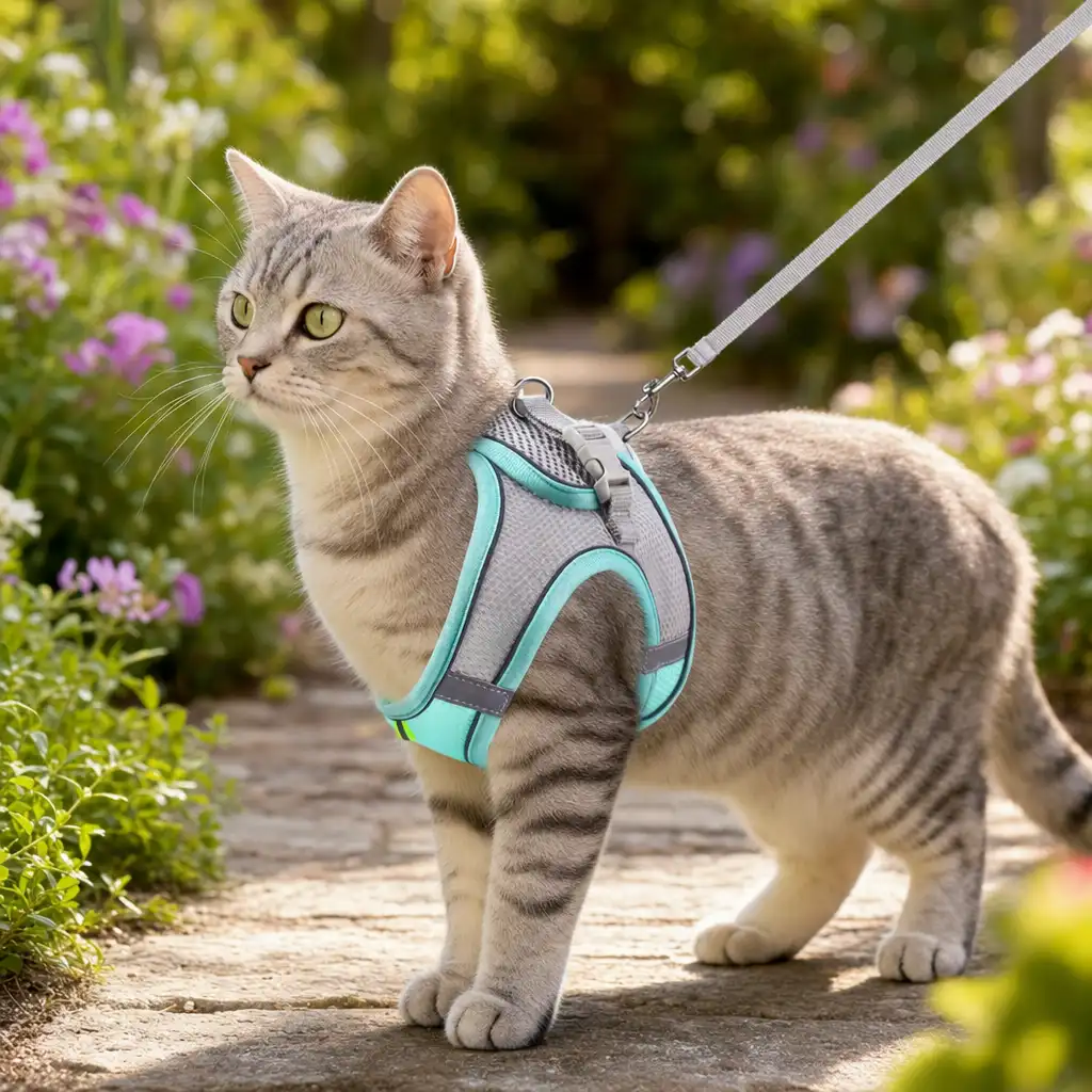Cat wearing a mint green Escapaw mesh harness with the matching leash clipped to the D-ring