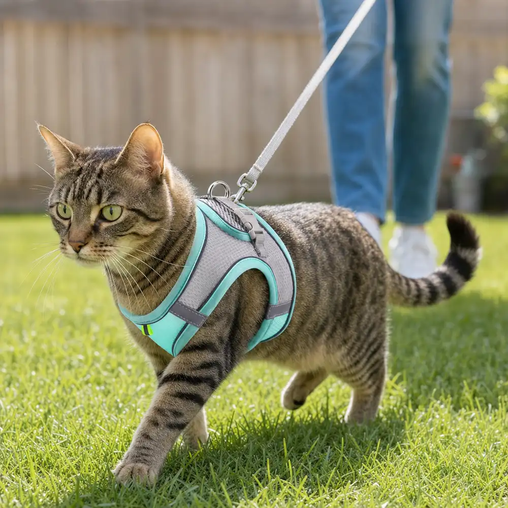 Cat walking on a leash in an Escapaw harness