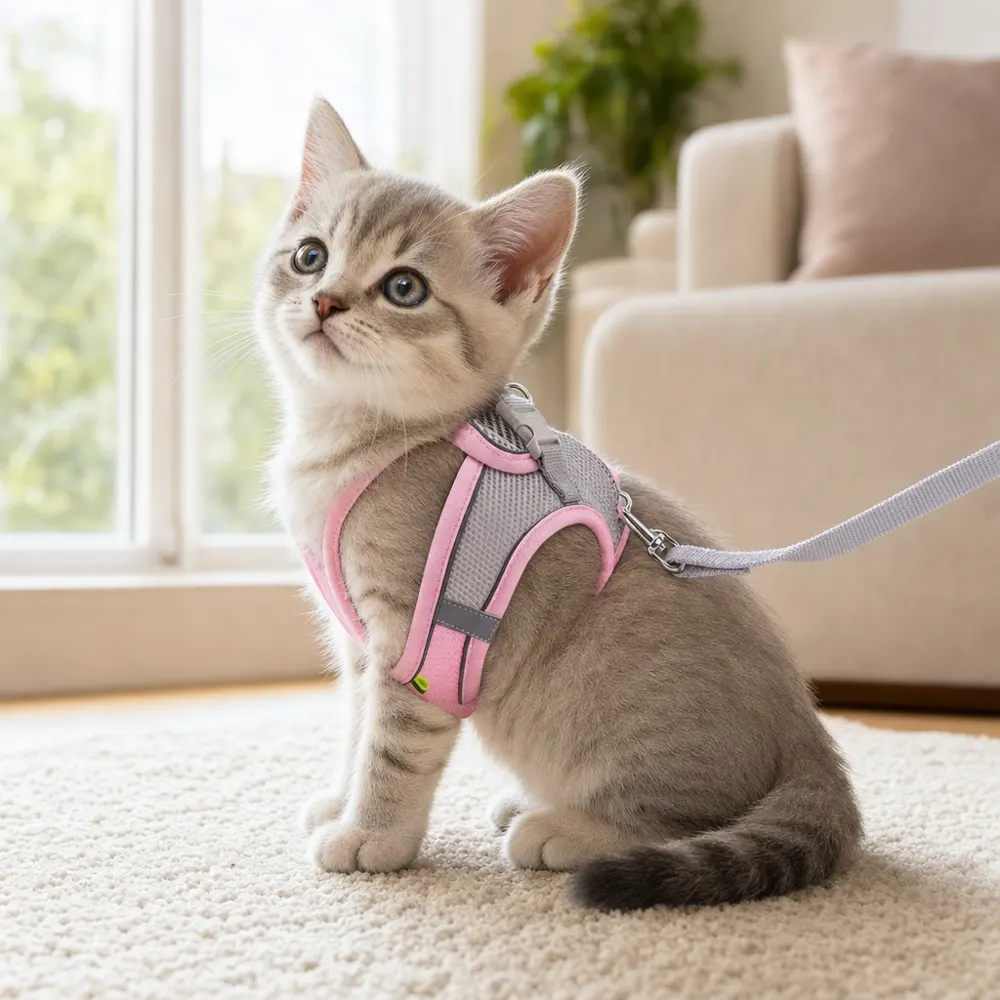 Young cat wearing the Escapaw mesh kitten harness during a supervised outdoor session