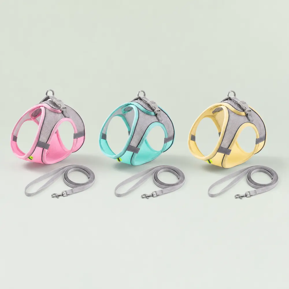 Escapaw cat harness lineup in pink, mint green and yellow
